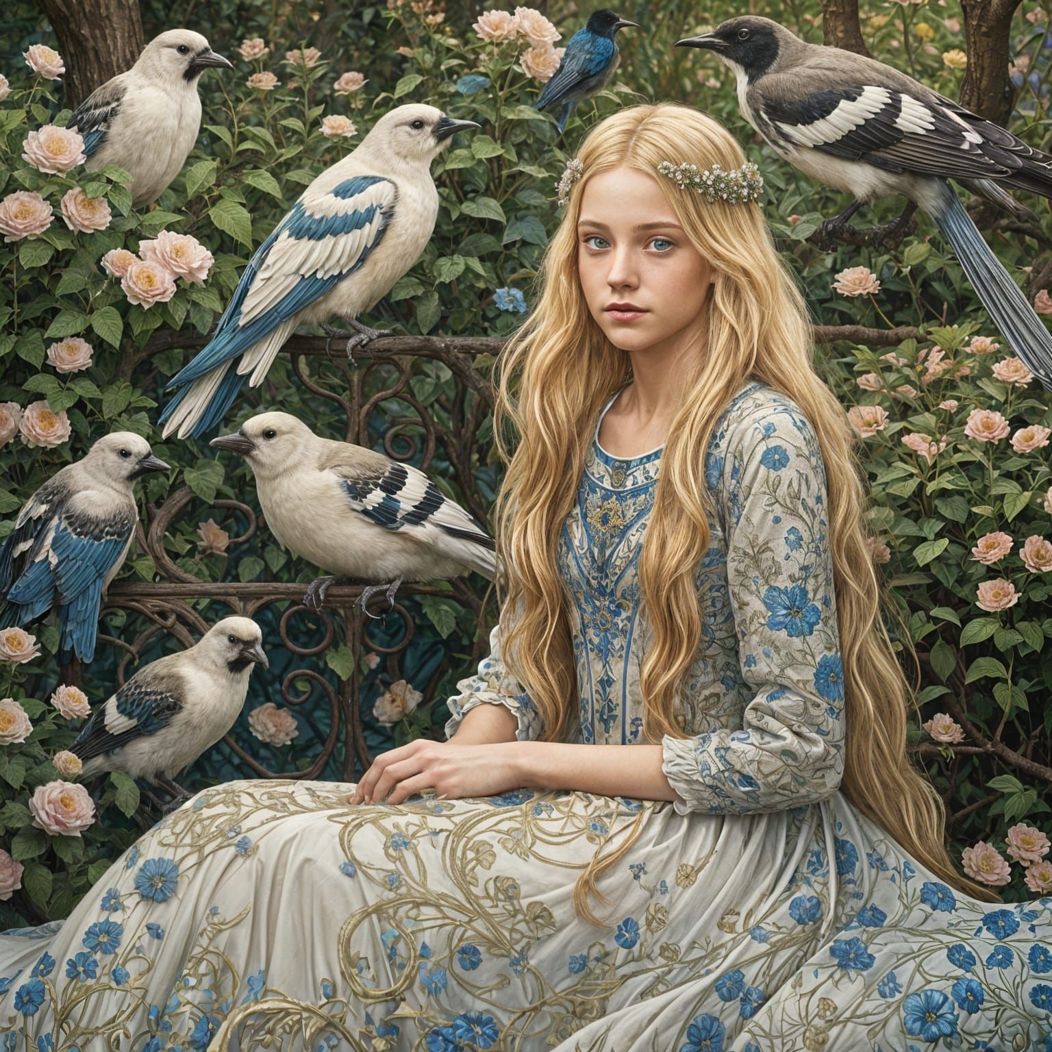 Art Nouveau Girl in Garden, Klimt Style