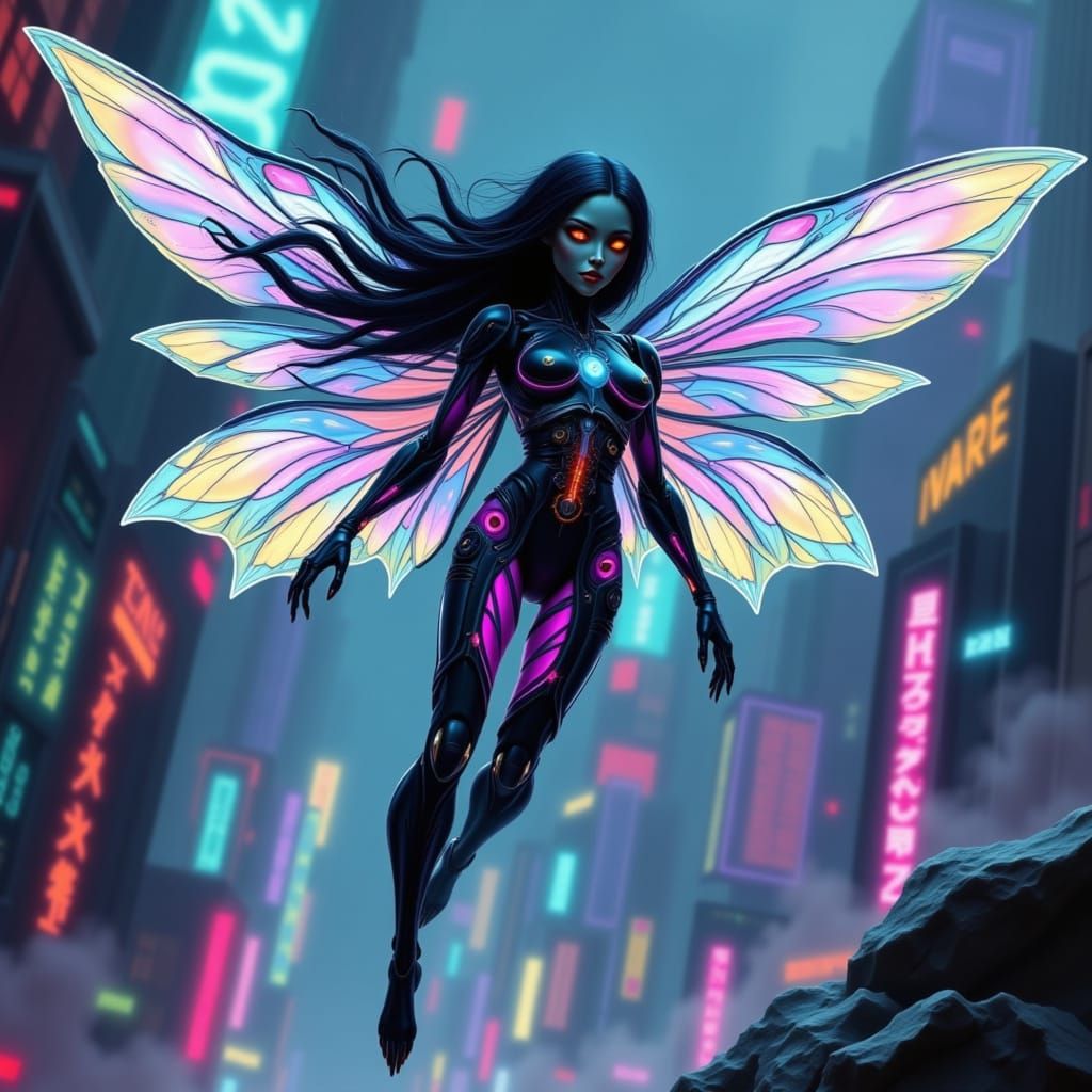 Cyborg Fairy in Mid-Flight Over Futuristic Cityscape