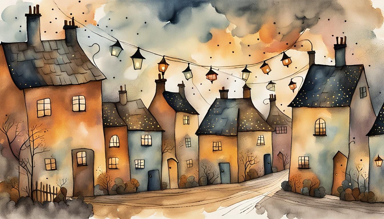Charming Village Scene in Folk Art Style