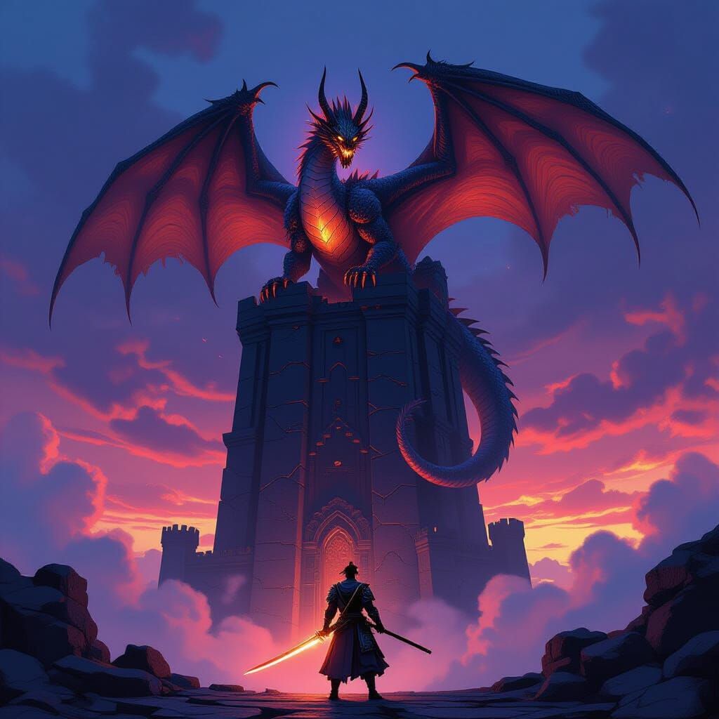 Dragon Perched on Obsidian Tower Above Samurai Warrior