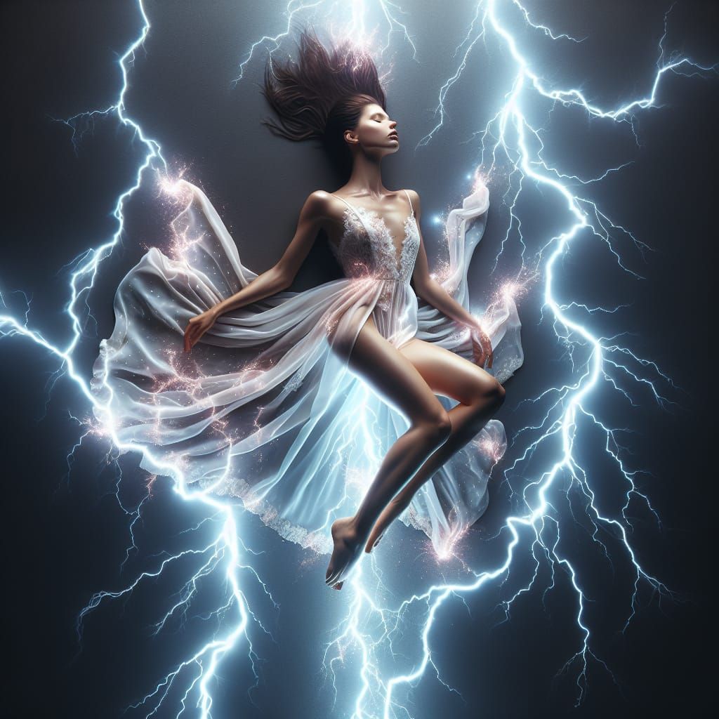 Levitating Woman Illuminated by Inverted Lightning