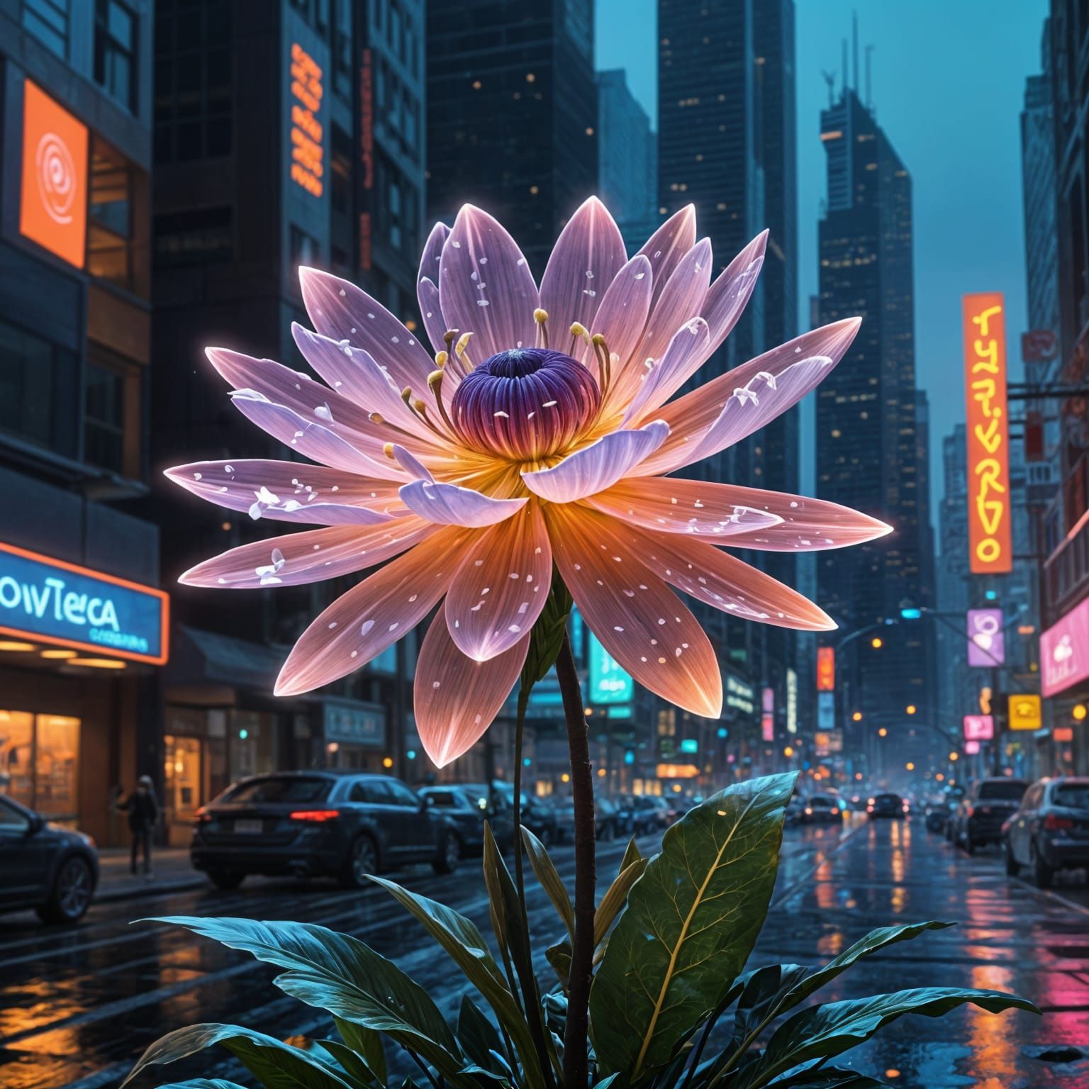 Cyberpunk Flower of Gratitude in a Futuristic Garden