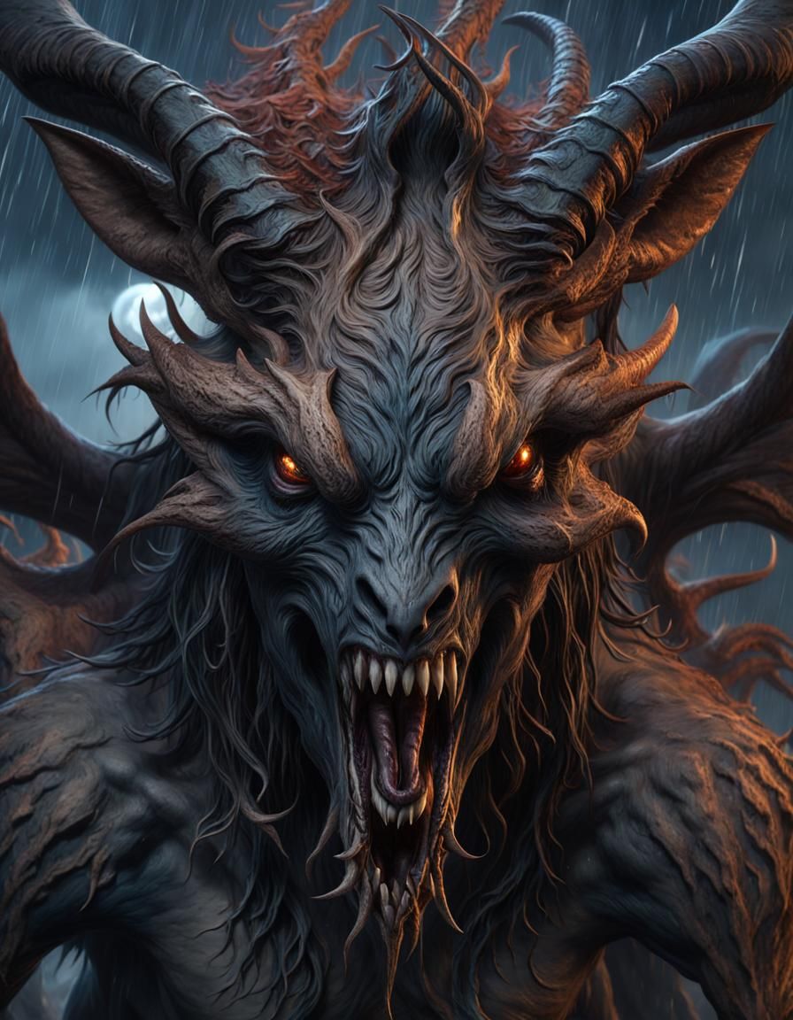 Eldritch Black Wendigo in Rainstorm: Gothic Digital Art