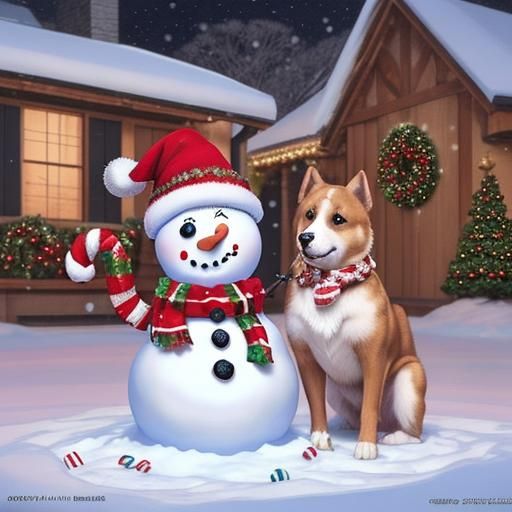 Cute Christmas Dog and Snowman in Anime Style