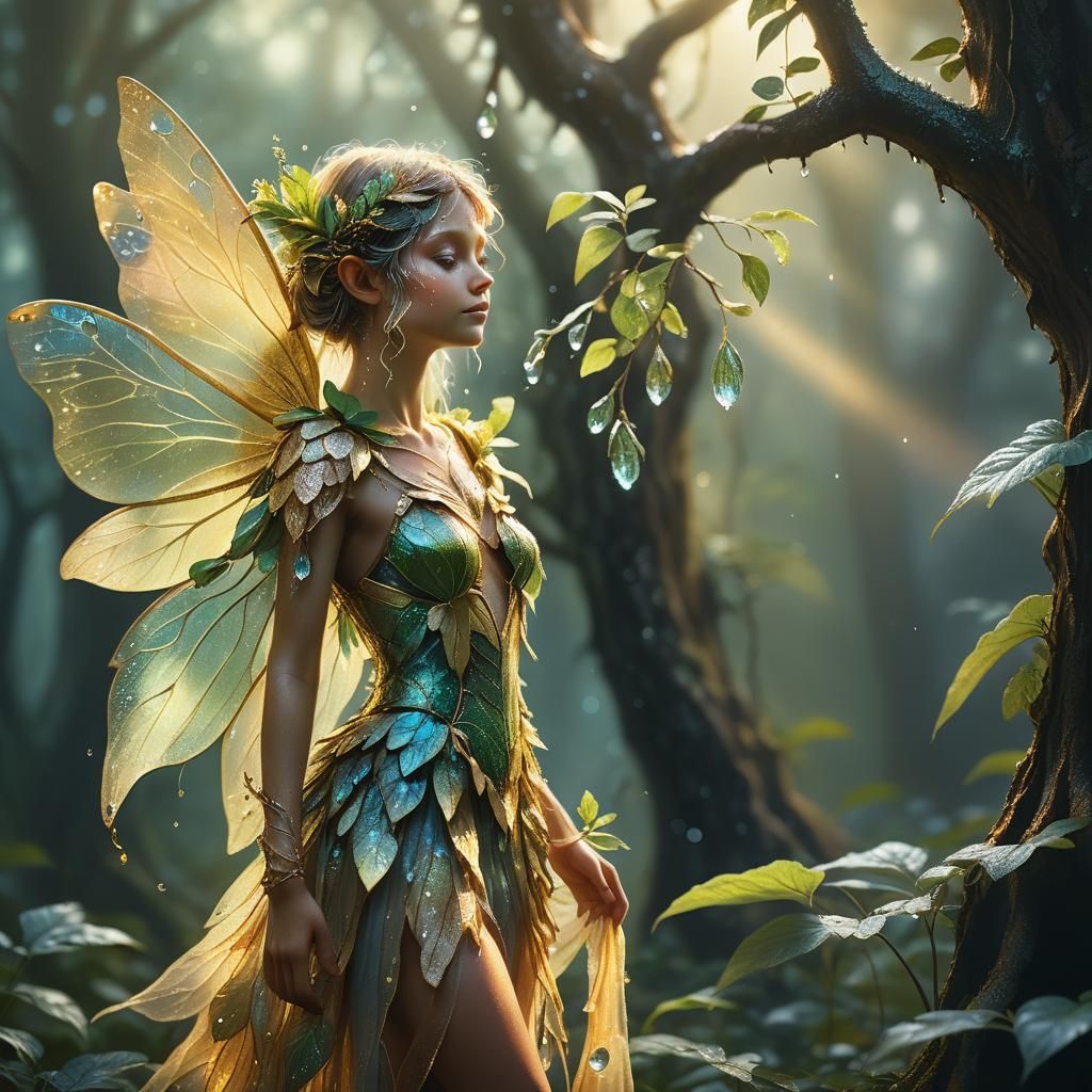 Plant Fairy with Iridescent Wings in Misty Forest