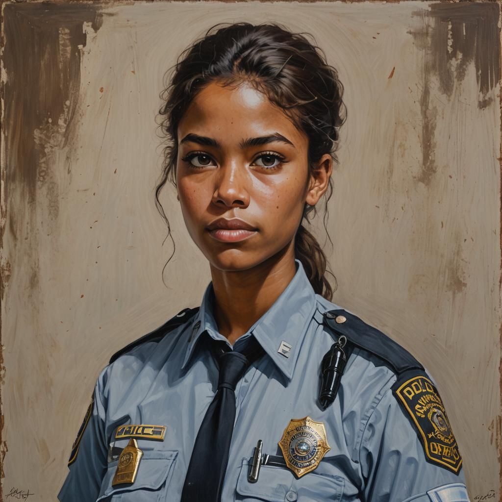 Portrait of Biracial Female Police Officer as Oil Painting