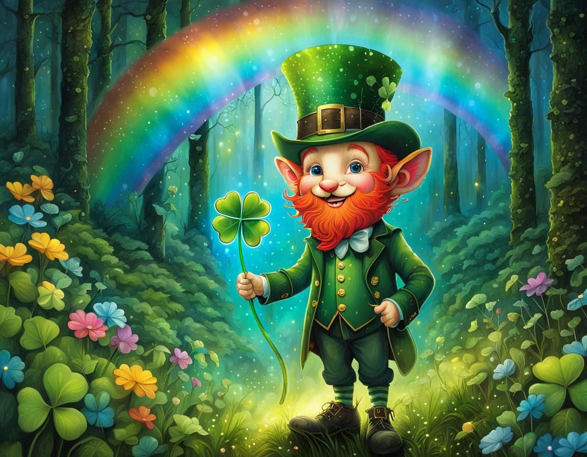 Whimsical Leprechaun with Clover Under Rainbow
