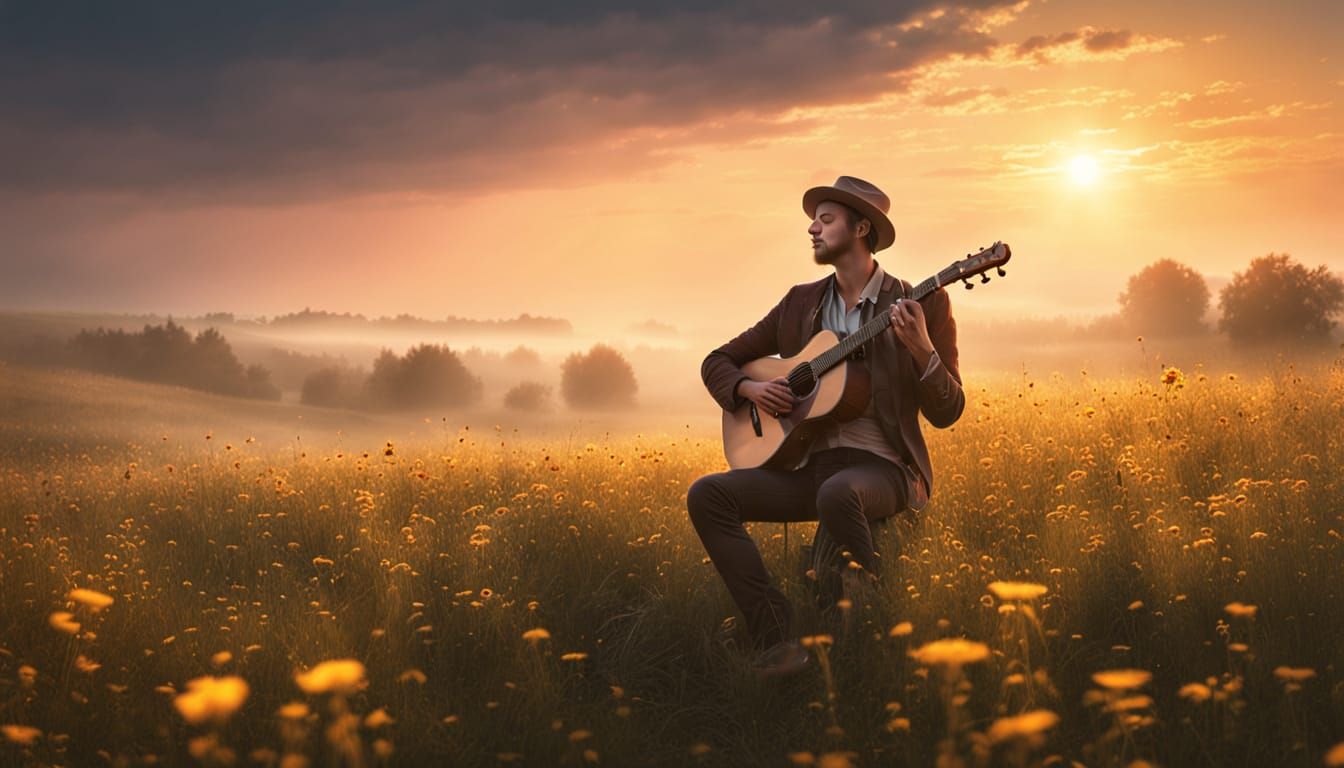 Fantasy Musician Performs Under Vibrant Sunset