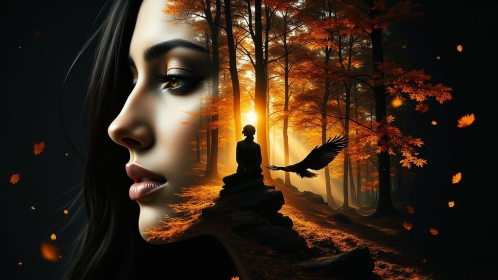 Native Spirit Woman and Man Double Exposure in Autumn Forest