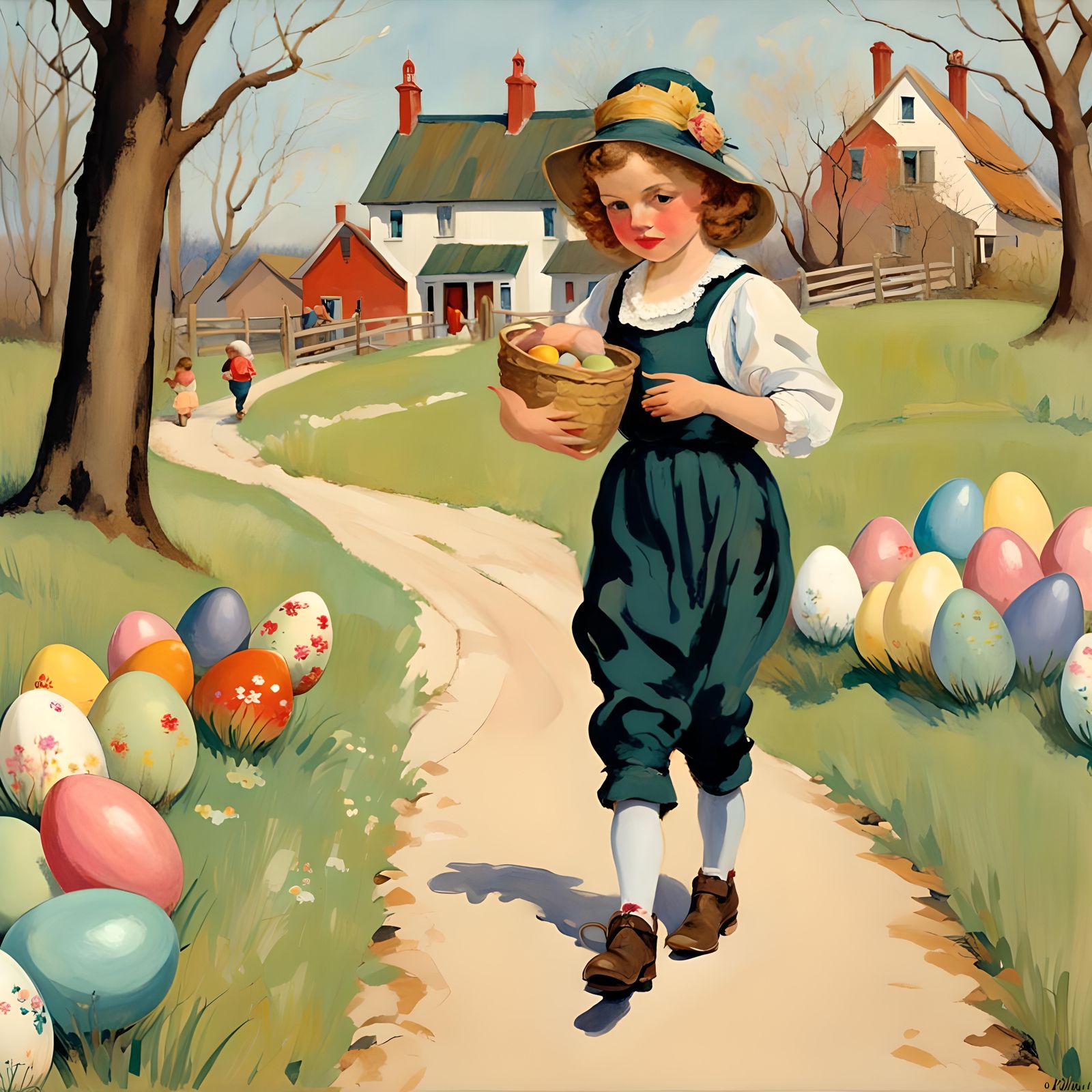 Whimsical old fashioned Easter Egg Hunt, girl