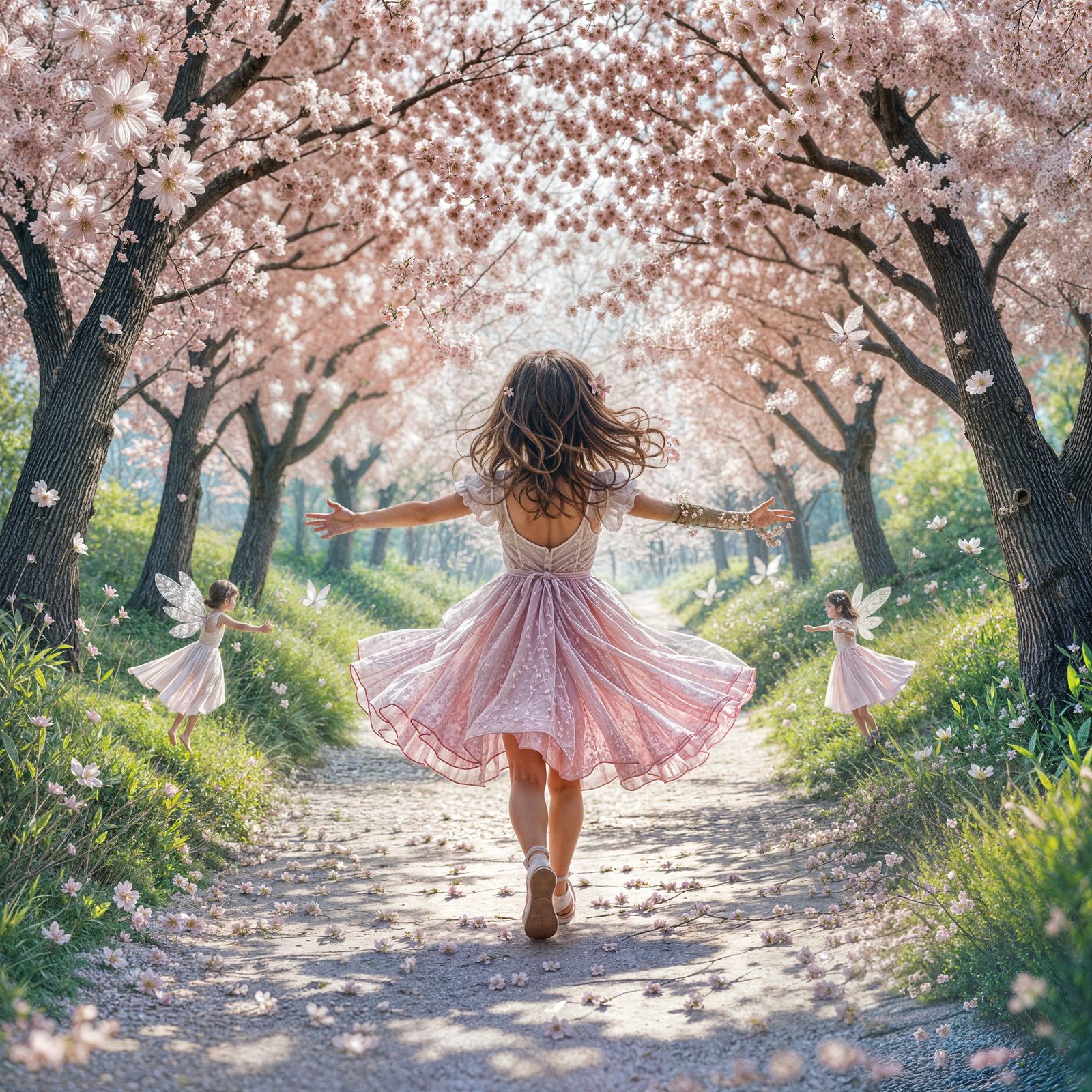 Cherry Blossom Path with Fairies and Girl