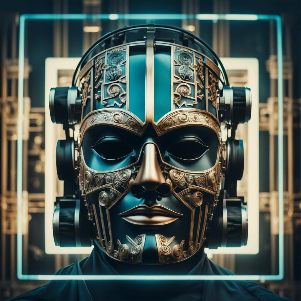 Cyberpunk Greek Mask in Retro Polaroid Style