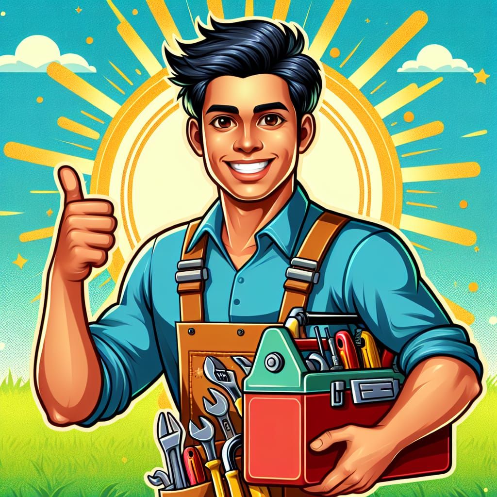 Cartoon Handyman Banner with Toolbox and Tools