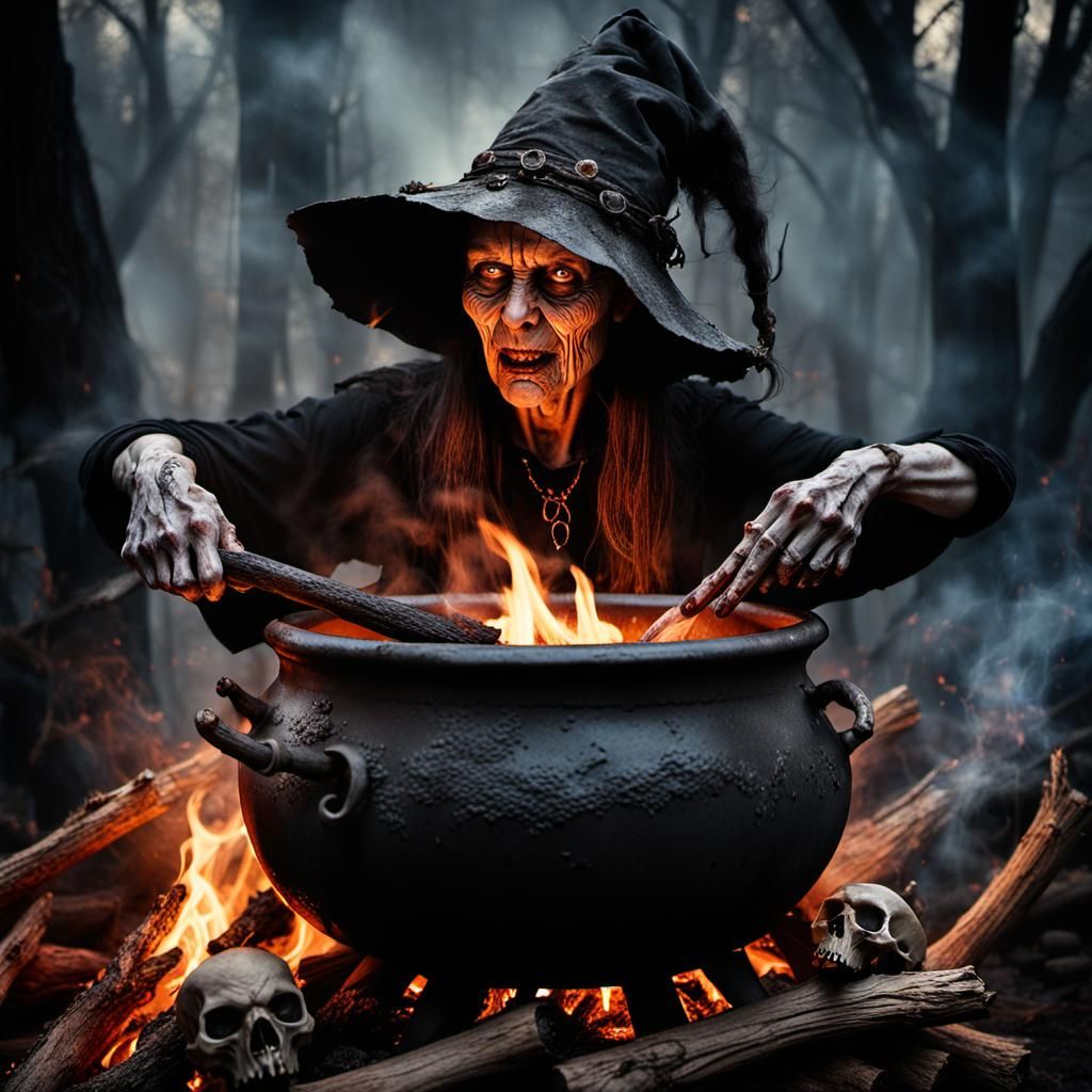 Wicked Witch Brews Potion in Dark Forest