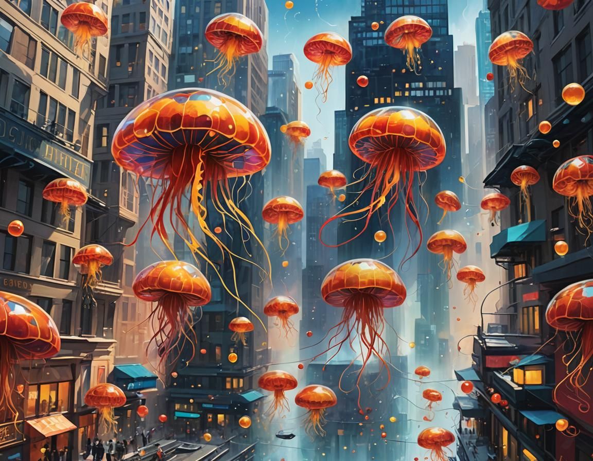 Emotion Collector: Jellyfish-Dragonfly in Cityscape