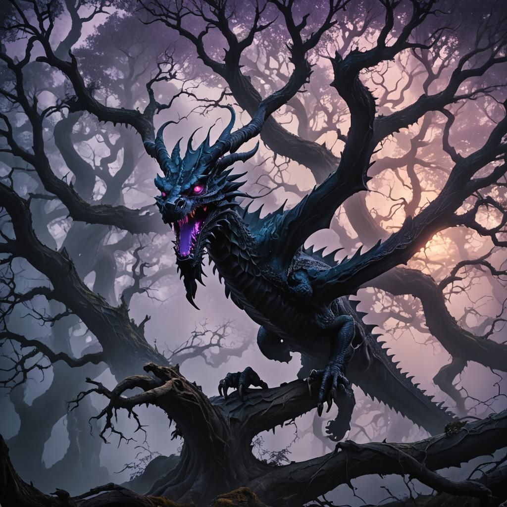 Black Dragon Perched in Misty Forest Ruins