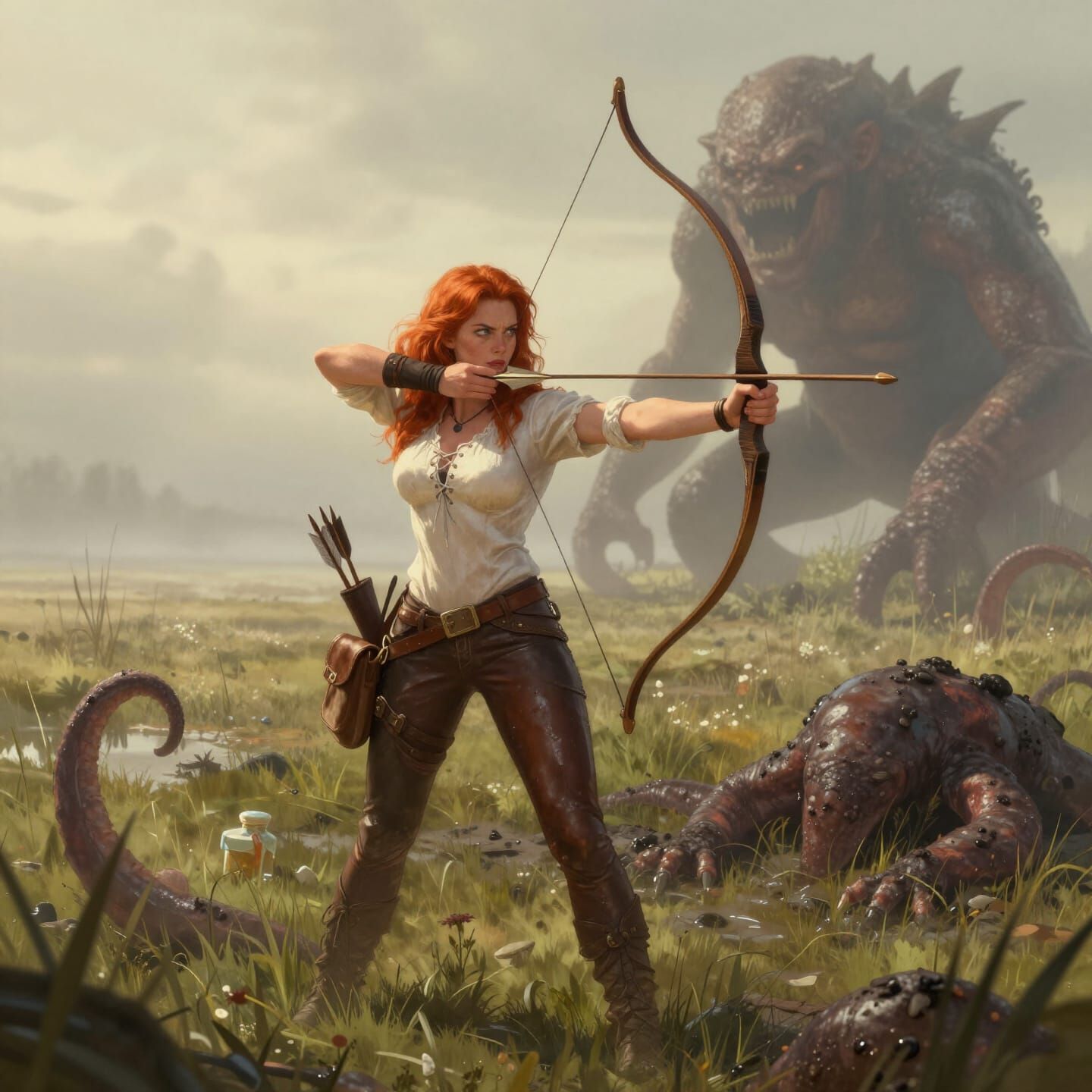 Fantasy Adventuress Battles Tentacle Monster in Marshland