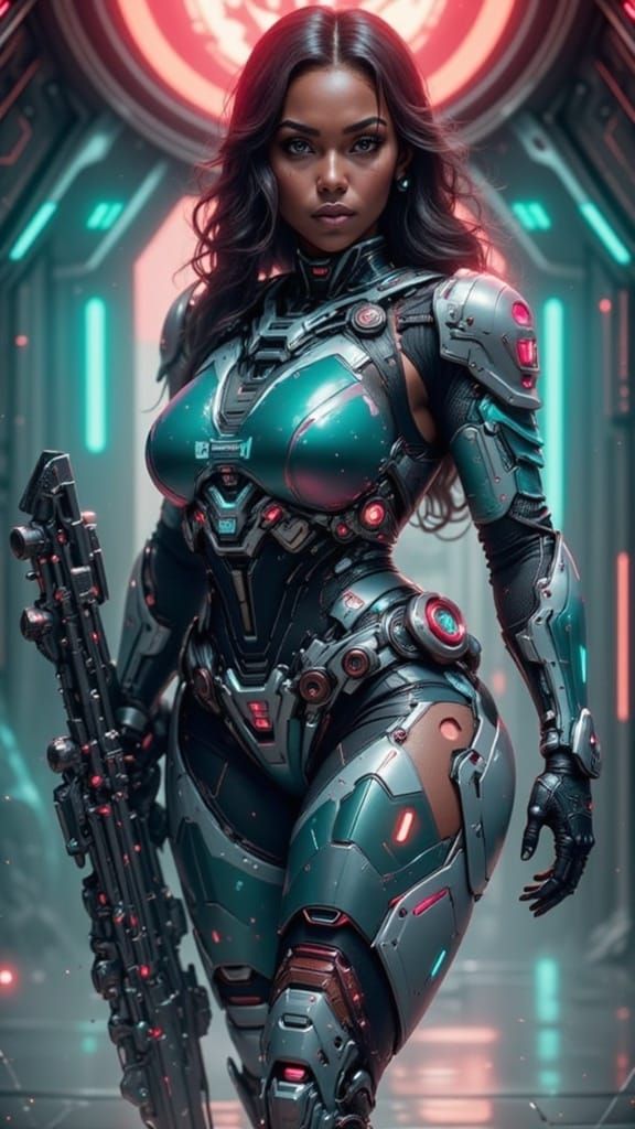 Dramatic Space Warrior in Teal and Neon Red Armor