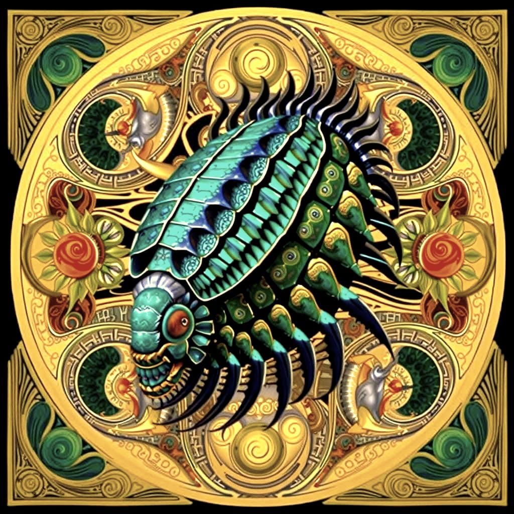 Hyperrealist Art Nouveau Trilobite in Vibrant Zydeco Linocut