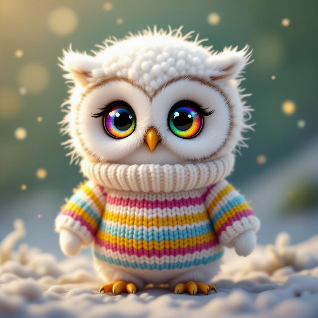 Adorable Fluffy White Owl in Chibi Style