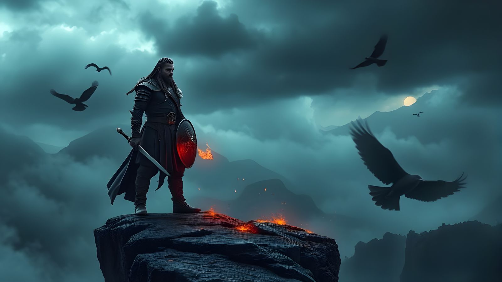 Nordic Warrior with Flaming Sword Under Stormy Skies