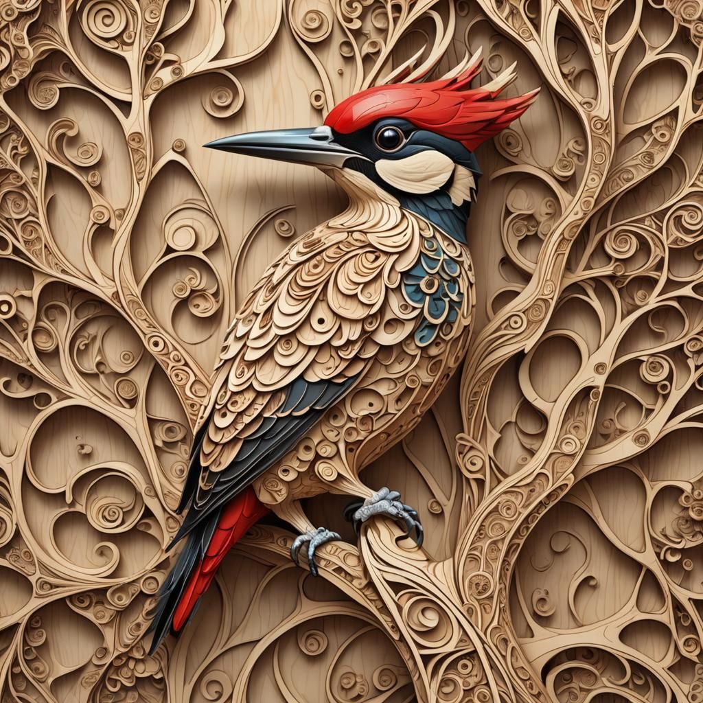 Abstract Wooden Woodpecker with Fractal Design