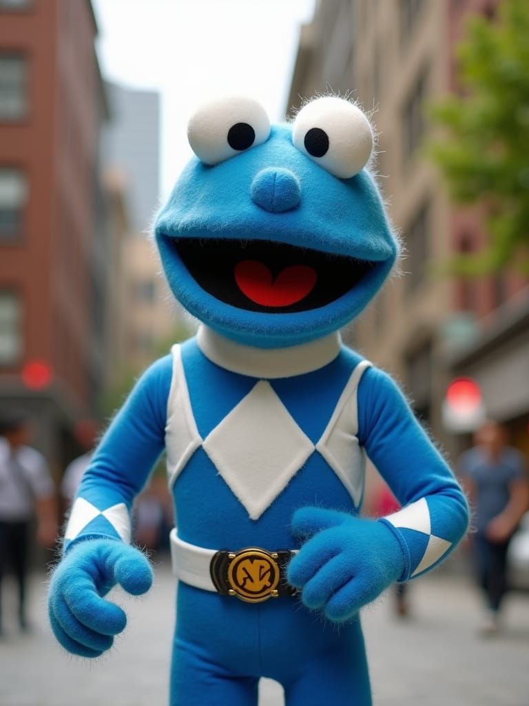 Muppet-Style Blue Power Ranger in City Park
