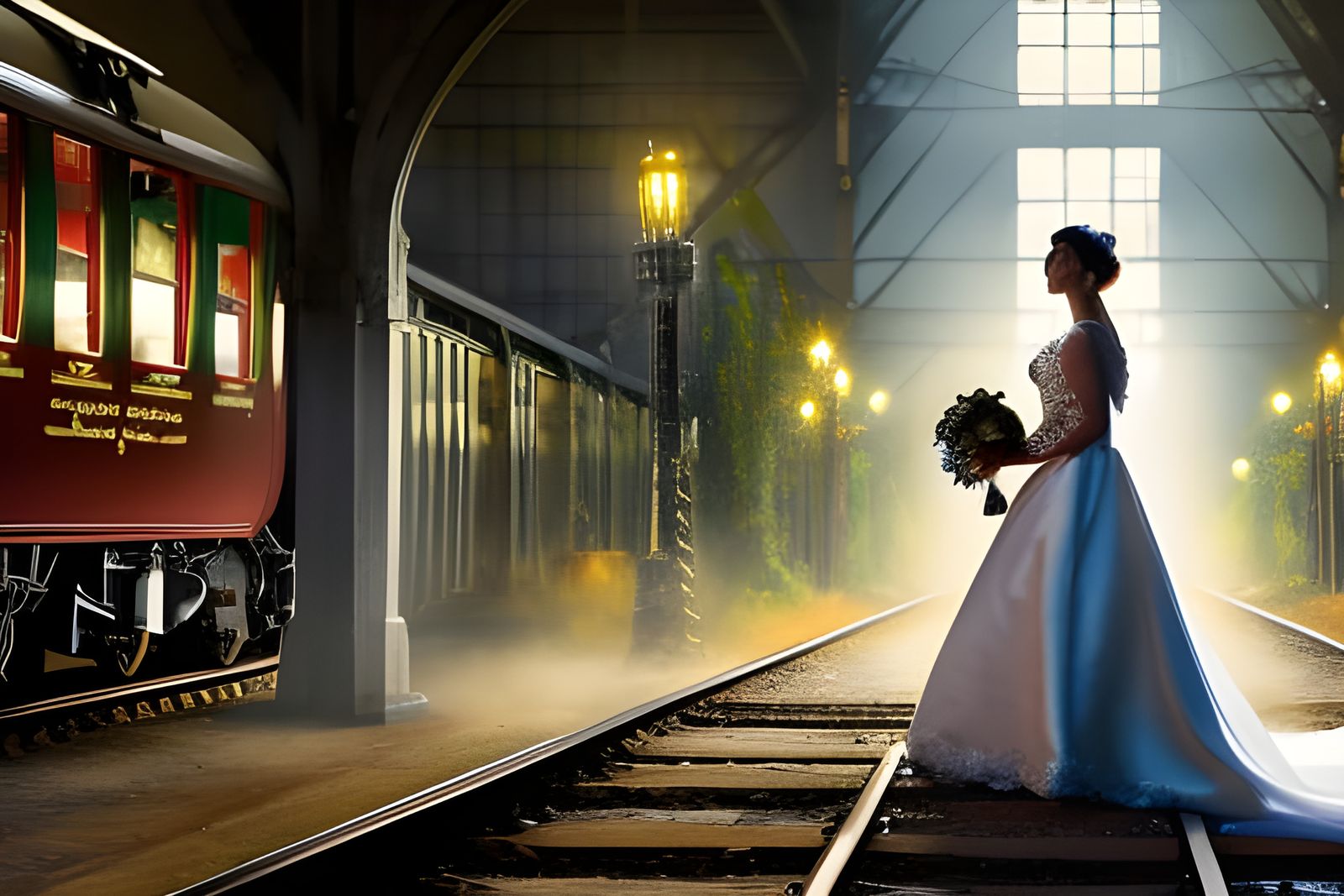 Steampunk Bride Awaits Train on Rainy Platform