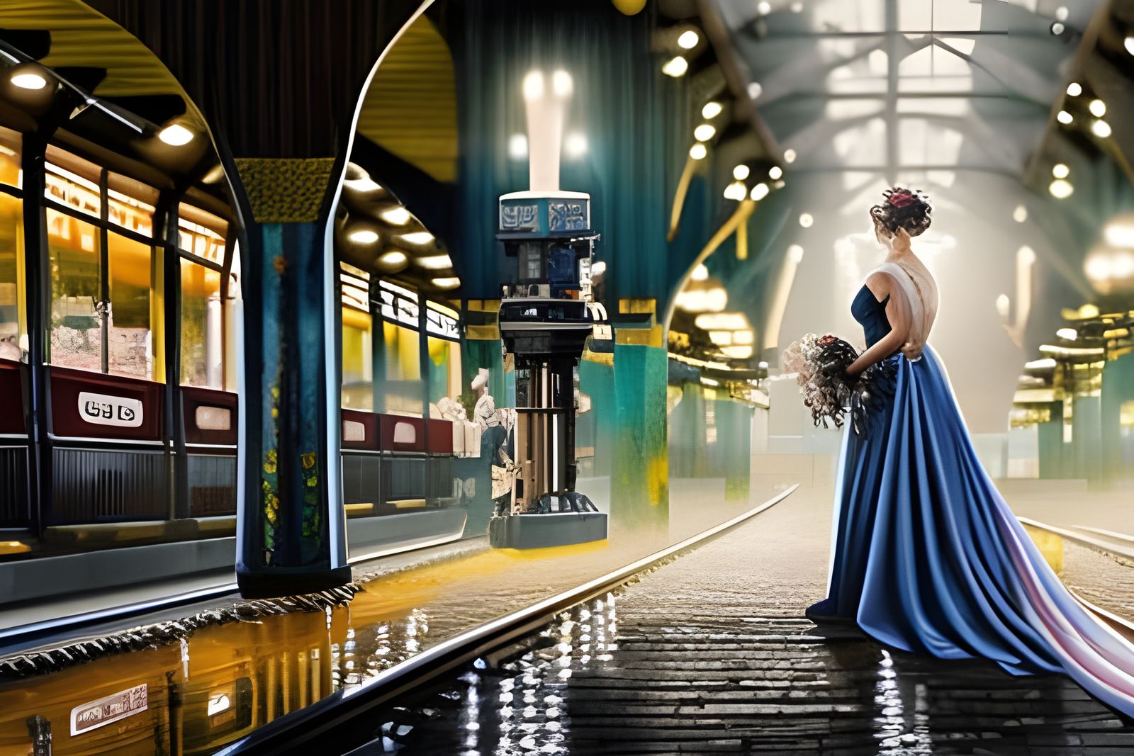 Steampunk Bride Awaits Train on Rainy Platform