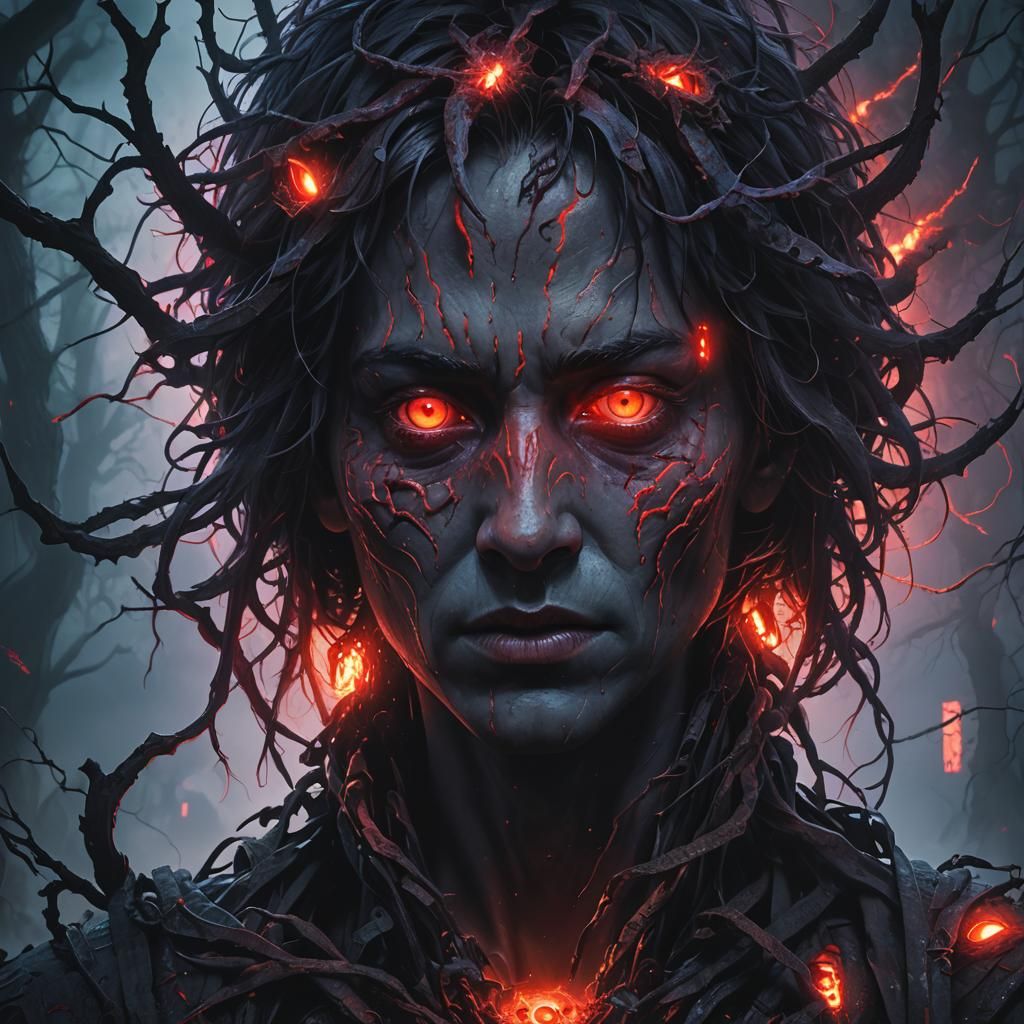 Mysterious Figure with Glowing Red Eyes: Dark Fantasy Art