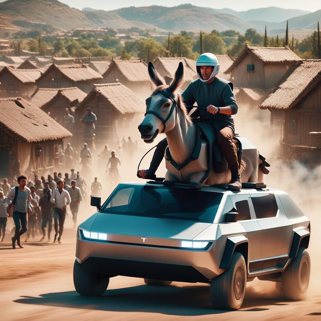Man on Donkey Races Cybertruck in Pilgrim Village