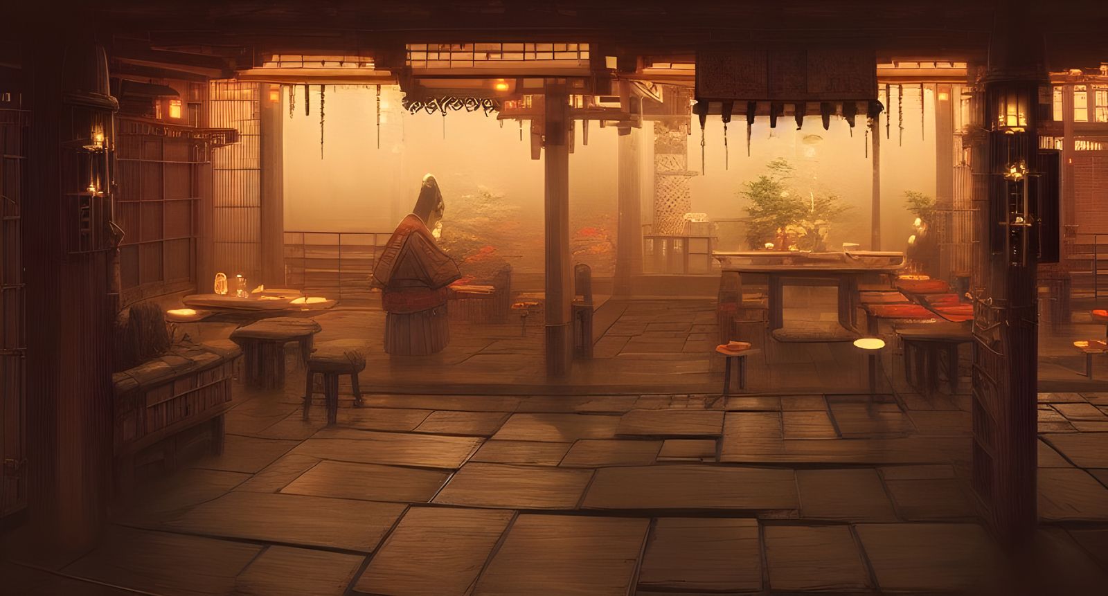 Enigmatic Medieval Japanese Samurai Cafe Painting