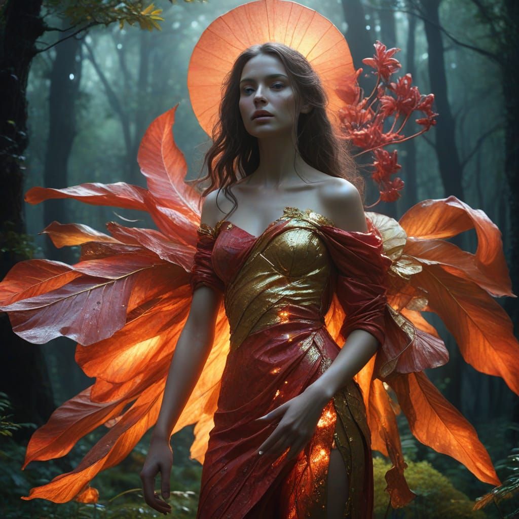 Ethereal Forest Scene with Twinkling Fireflies and Blossoms