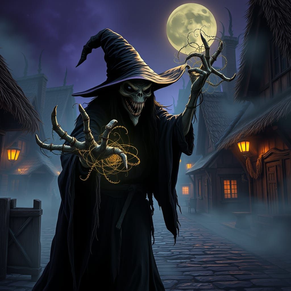 Dark Fantasy Witch Sneaks Through Medieval Village Streets