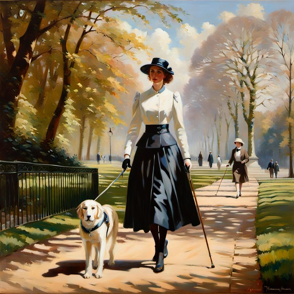 Blind Girl Walking in Park, Oil Painting