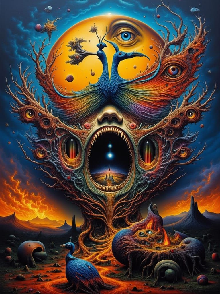 Surreal Xenomorph Butterfly Man in Fiery Landscape