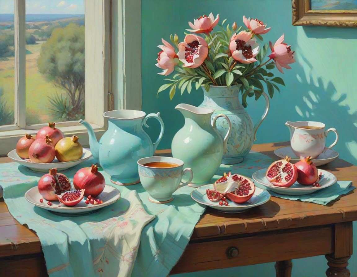 Impressionist Acrylic Still Life: Pomegranate Juice, Cake, a...