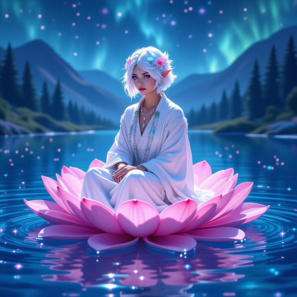 Прекрасно малко мистично създание с бяла къса коса в която с...