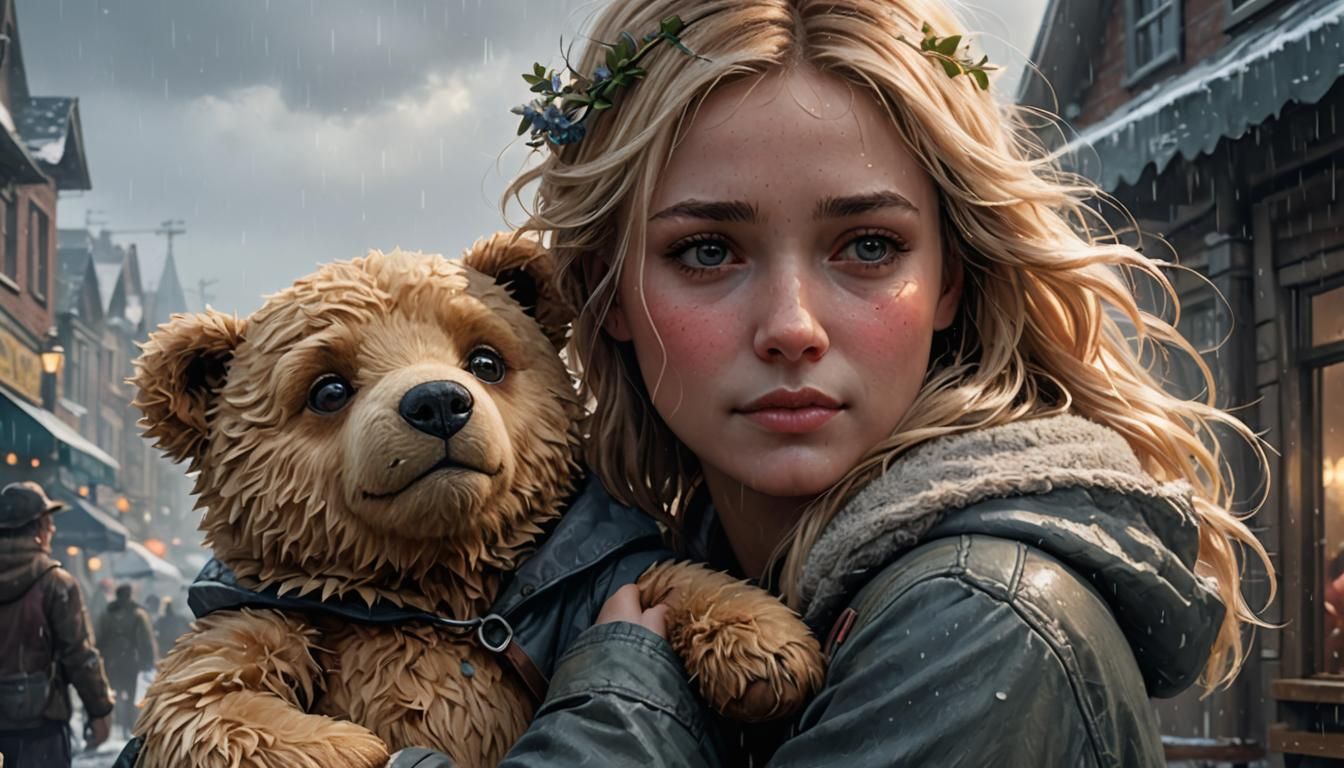 Girl and Teddy Bear in Dreamy Surreal Art
