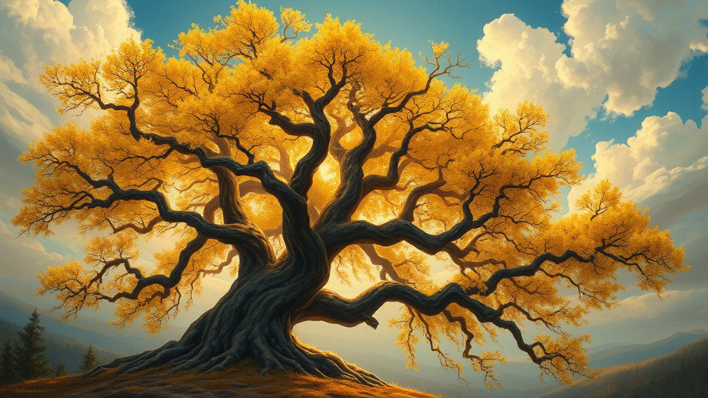 Mystical Golden Tree in a Fantasy Forest Painting