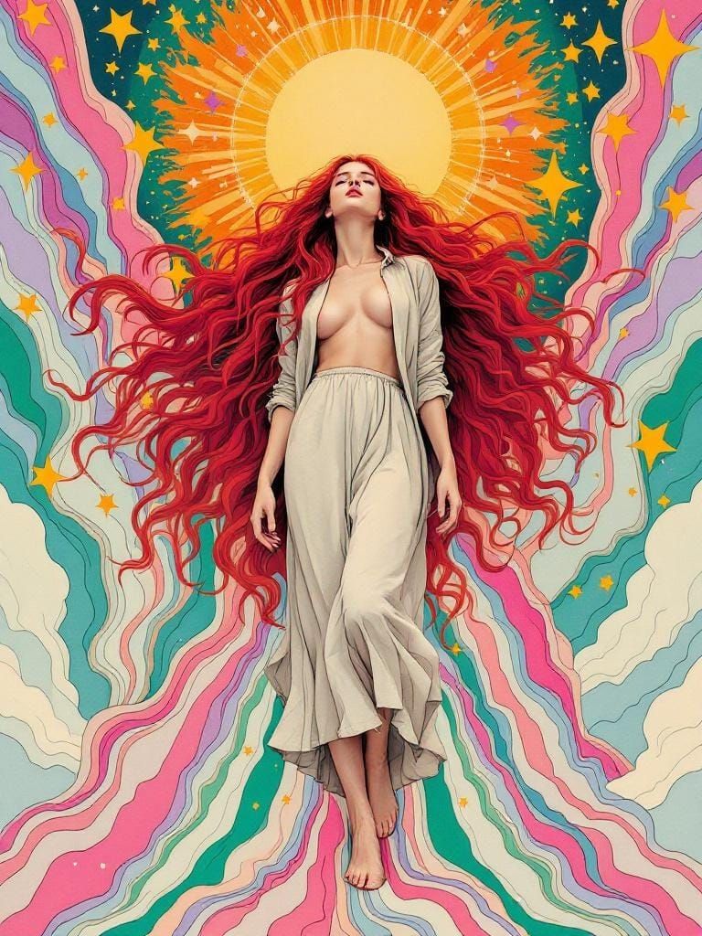 Radiant Woman in Art Nouveau Cosmic Dreamscape