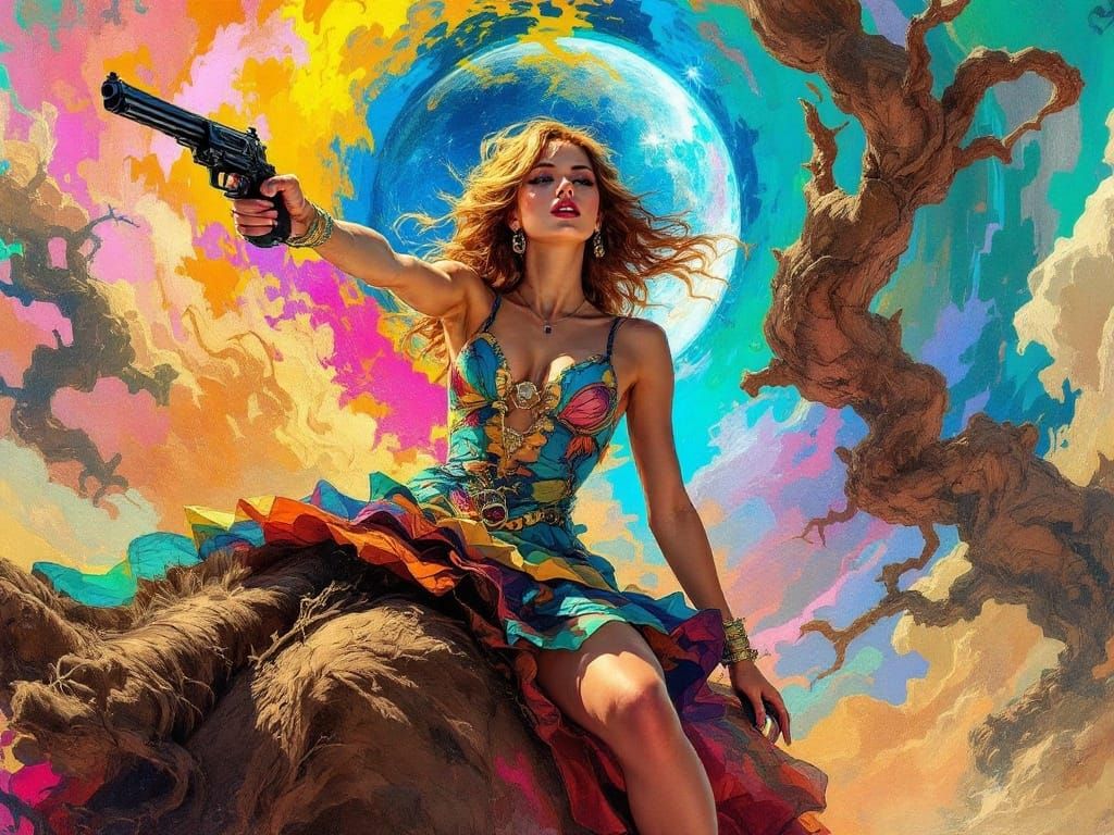 Classical Pin-Up Meets Psychedelic Futurism in Vibrant Color...