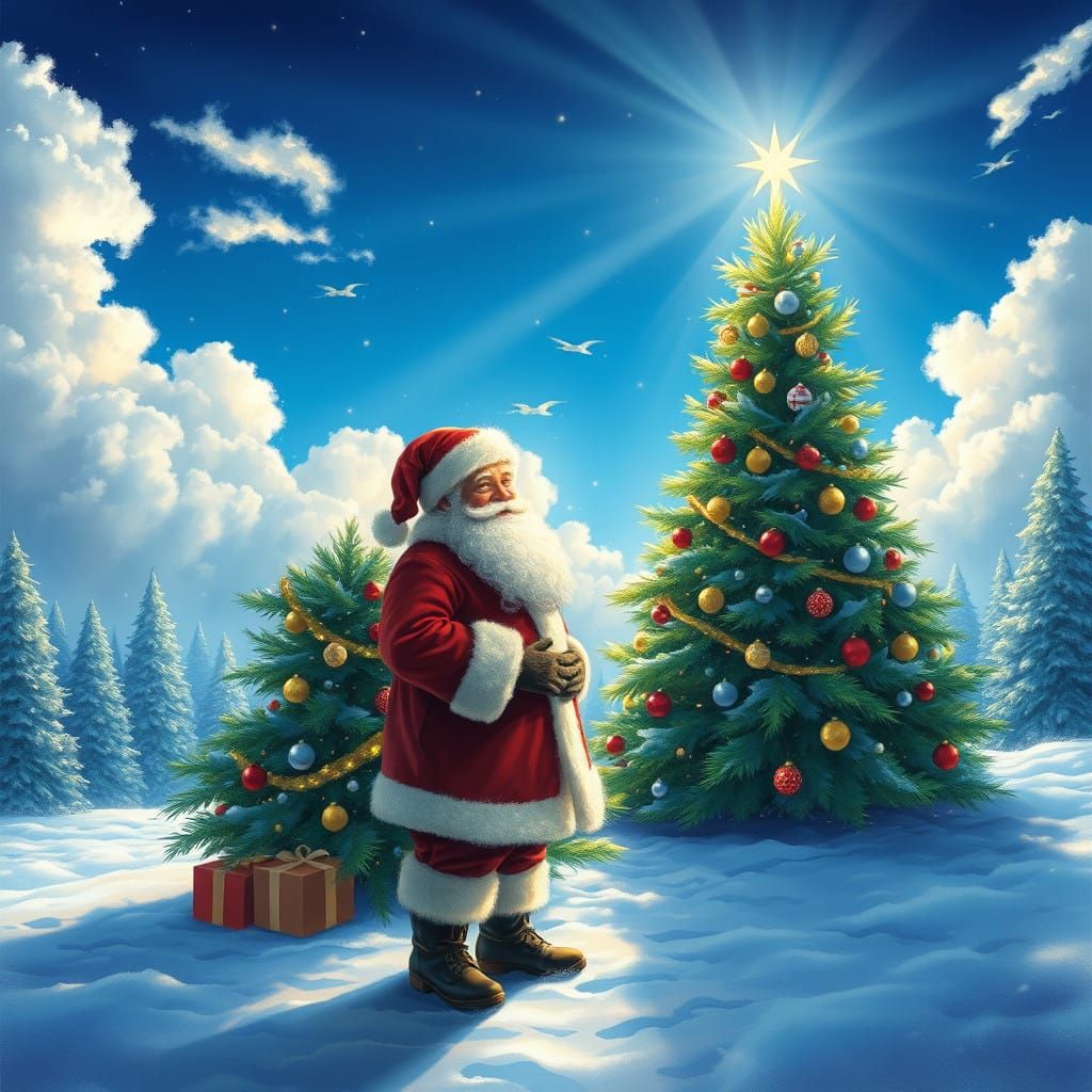 Serenely Lit Christmas Scene with Santa and Majestic Tree