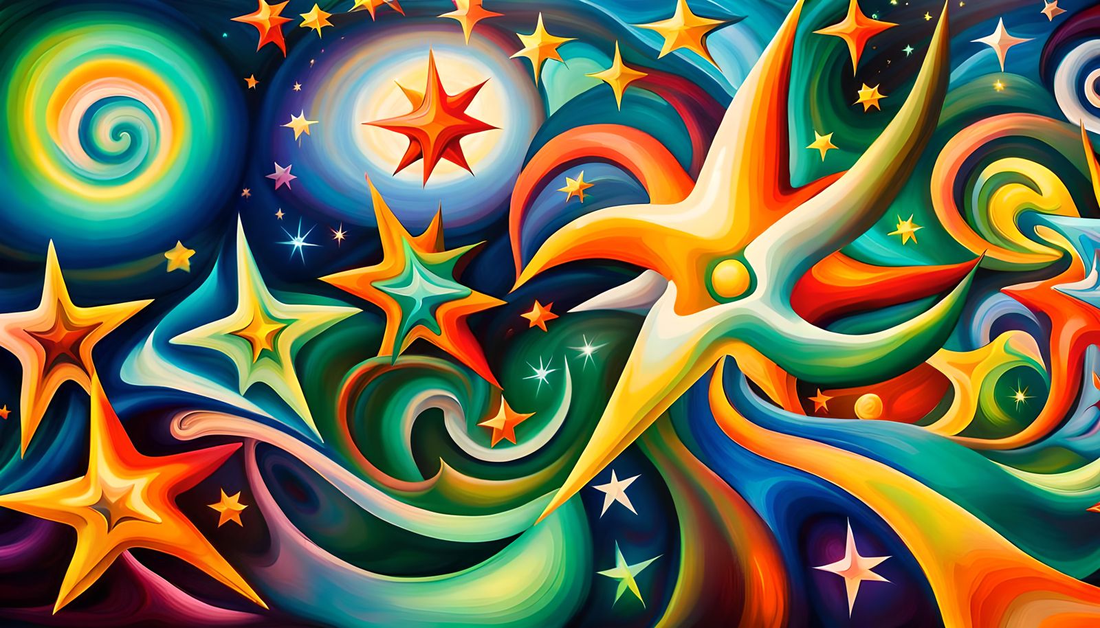 Iridescent Maelstrom of Stars in Naive Art Style