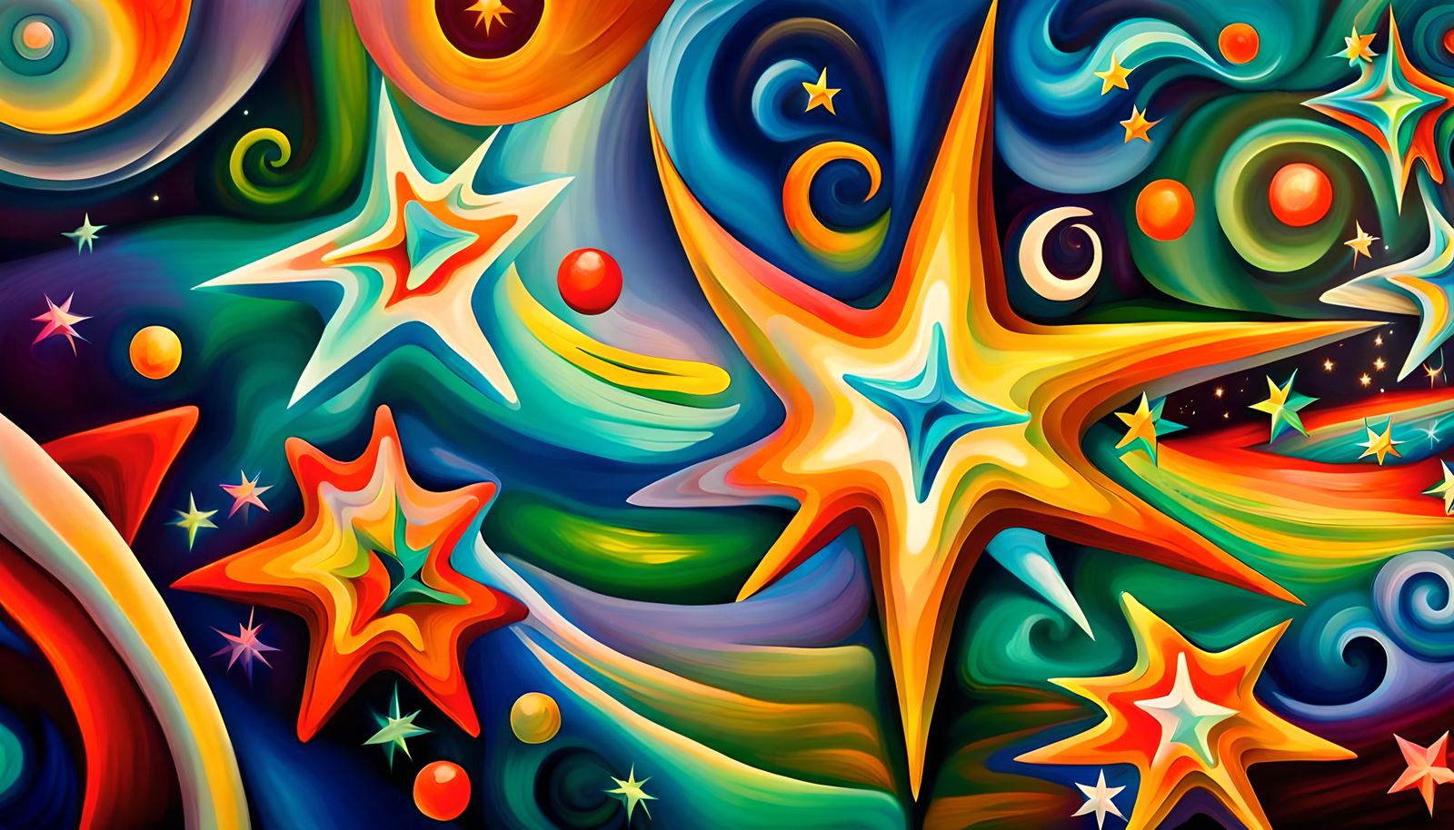 Iridescent Maelstrom of Swirling Stars in Naive Art Style