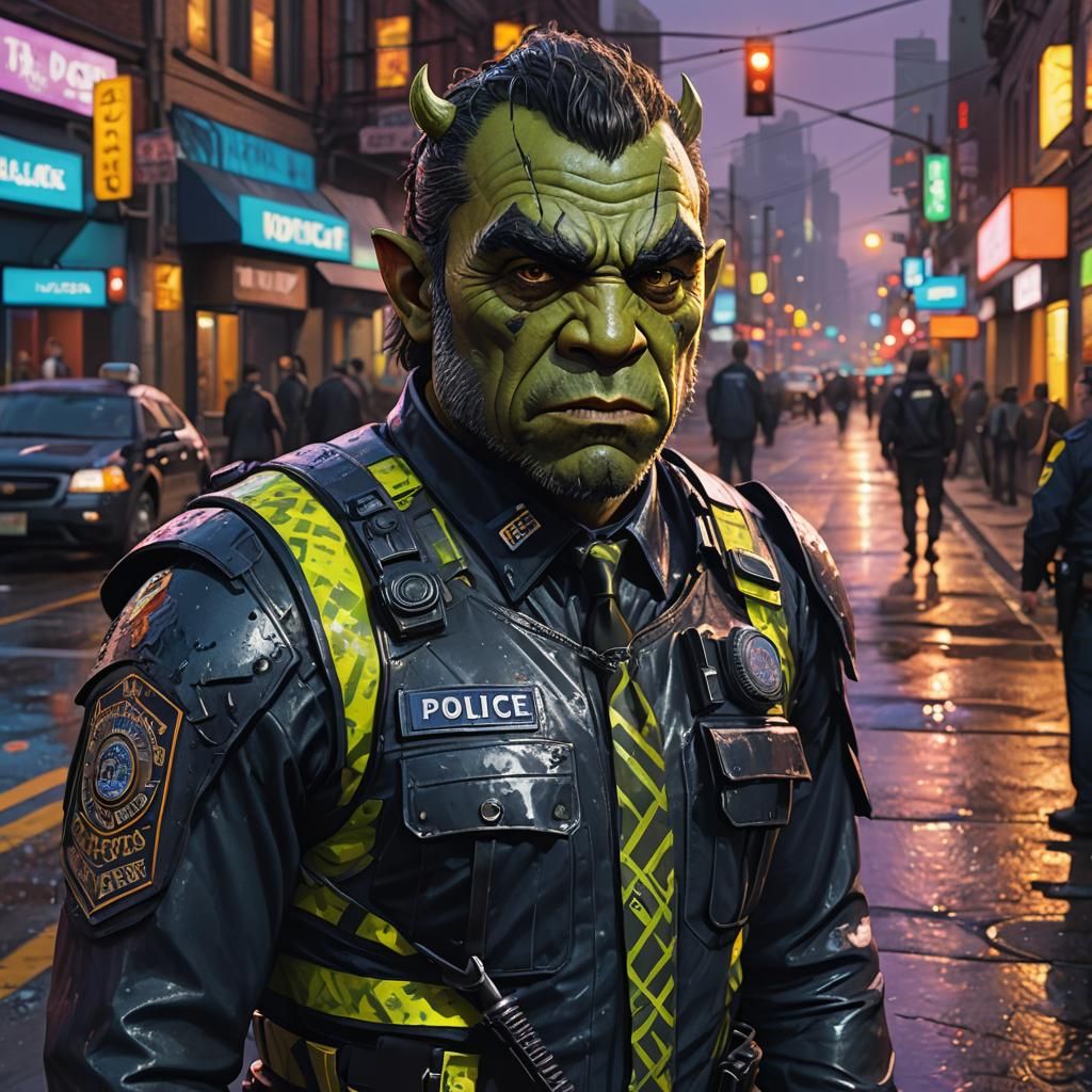 Orc TV Reporter in Neon City, Hyperrealistic Art