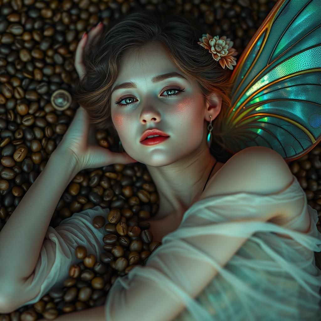 Ethereal Fairy Reclining on Coffee Beans