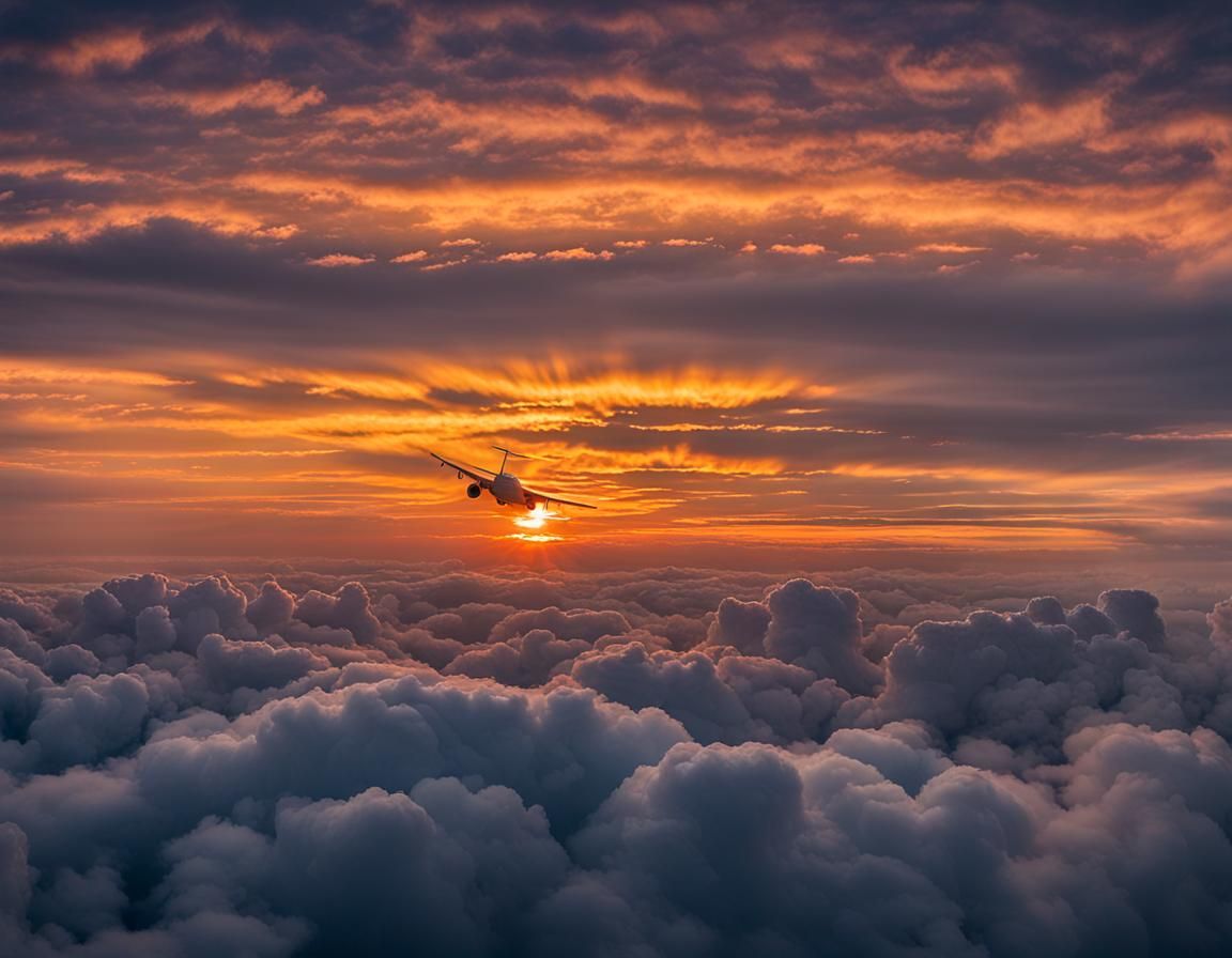 Airplane Emerges from Cloud at Sunset
