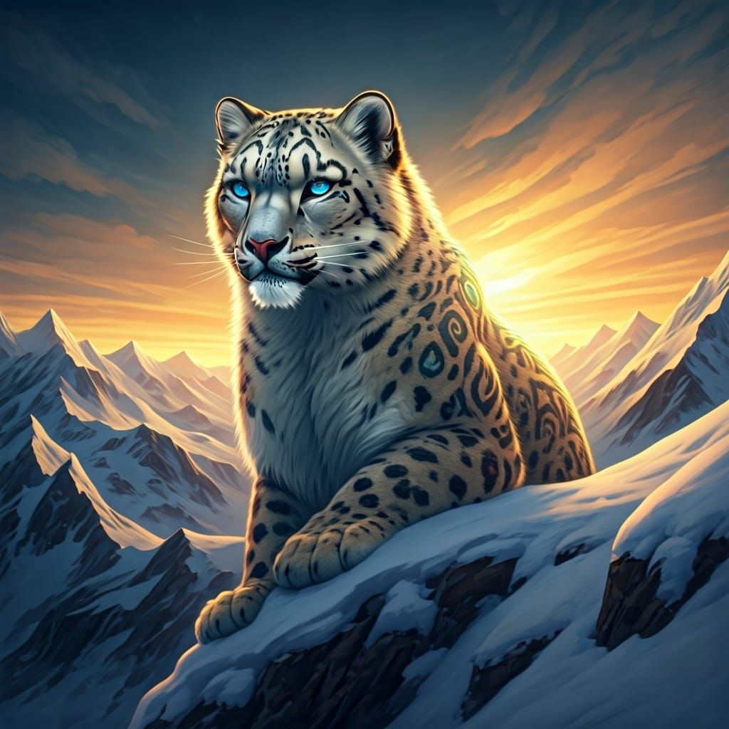 Snow Leopard with Tribal Markings on Mountain Peak