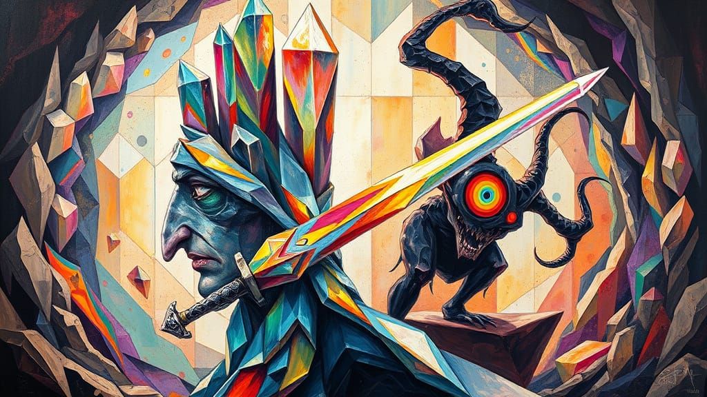 Crystal Warrior Battle in Agate Quarry: Gothic Oil Painting